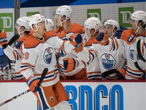 Edmonton Oilers forward Alex Chiasson (39) celebrates his goal against the Vancouver Canucks in the second period at Rogers Arena on Feb. 25, 2021.