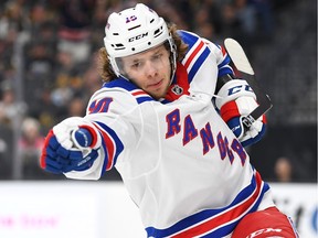 Dec 8, 2019; Las Vegas, NV, USA; New York Rangers left wing Artemi Panarin (10) celebrates after scoring a first period goal against the Vegas Golden Knights at T-Mobile Arena. Mandatory Credit: Stephen R. Sylvanie-USA TODAY Sports ORG XMIT: USATSI-405458