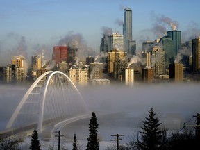 Ice fog shrouds the river valley south of downtown Edmonton on Sunday February 7, 2021. An extreme cold warning has been issued for the Edmonton region with temperatures plunging to -35C degrees and wind chill values between -40C and -55C degrees. (Photo by Larry Wong/Postmedia)