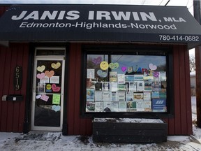 Messages of support are seen taped to the front door of NDP MLA Janis Irwin's constituency office, 6519 112 Ave., in Edmonton, Saturday Feb. 27, 2021. The office was vandalized over the weekend with "Antifa" and "Liar" painted in large red letters on the front window.