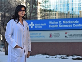 Dr. Sita Gourishankar, standing outside Edmonton's University of Alberta Hospital on Feb. 16, 202, says the university has had more students apply to the faculty of medicine recently in Edmonton