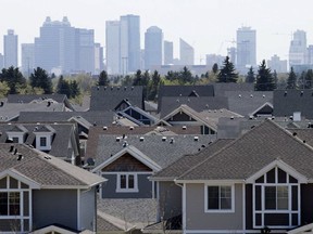 The Edmonton skyline is visible behind the neighbourhood of Griesbach, in Edmonton, Alta. File photo.
