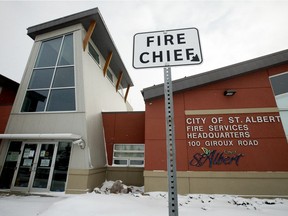 A sign marks the Fire Chiefs parking space outside the St. Albert Fire Station No. 3, 100 Giroux Rd., Tuesday Feb. 2, 2021.
