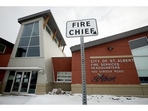 A sign marks the fire chief's parking space is seen outside the St. Albert Fire Station No. 3, 100 Giroux Rd., Tuesday, Feb. 2, 2021.
