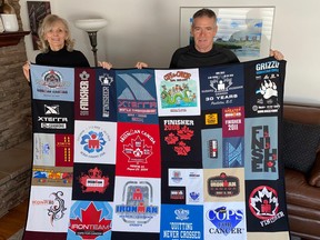 Former Edmonton Police Staff-Sgt. Kerry Nisbet and his schoolteacher wife Susan took advantage of COVID-19 protocol restricted time to create a beach quilt made from 40 T-shirts  acquired by competing in Ironman Triathlon and other events since 1998. They gathered a Cops for Cancer Ironman Team around them that has raised $8.5 million to fight in the battle against cancer.