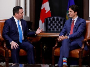 Alberta Premier Jason Kenney and Canada's Prime Minister Justin Trudeau meet on Parliament Hill in Ottawa, Ontario, Canada December 10, 2019. File photo.