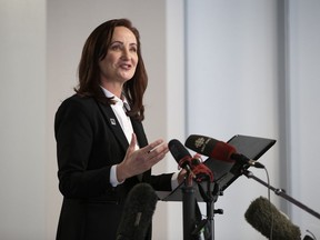 Mayoral candidate Cheryll Watson announces her first foundational policy commitment, the creation of a Chief Accountability Officer, at the opening of her campaign headquarters in downtown Edmonton, Monday Feb. 1, 2021. Photo by David Bloom