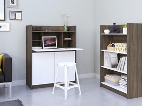Nexera Chrono Secretary Desk, in bark grey and white, is an option for  people looking for a compact office. Available at Home Depot.