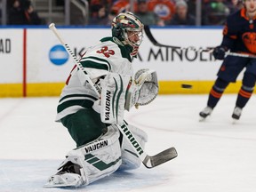 Minnesota Wild goaltender Alex Stalock faces the Edmonton Oilers at Rogers Place in Edmonton, on Friday, Feb. 21, 2020.