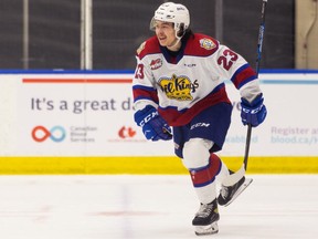 Edmonton Oil Kings forward Jalen Luypen celebrates a short-handed goal on Medicine Hat Tigers’ goaltender Garin Bjorklund (33) during third period WHL action at the Downtown Community Rink at Rogers Place in Edmonton, on Friday, March 5, 2021. Luypen scored in a 3-1 win against the Tigers in the second game of a home-and-home series in Medicine Hat.