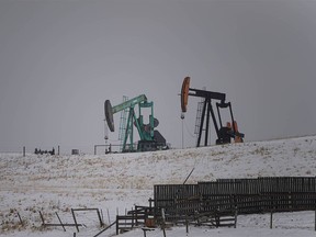An oil derrick near Black Diamond, Alta. on March 25, 2021.