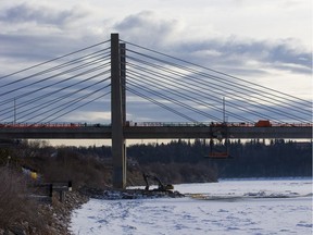 Construction work continues on the LRT Tawatinâ bridge on Tuesday, March 2, 2021 in Edmonton.