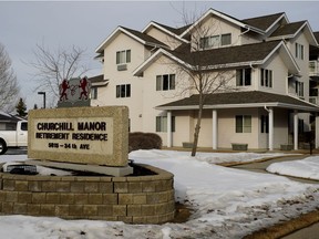The Churchill Manor Retirement Residence in southeast Edmonton on Wednesday March 3, 2021, where a COVID-19 variant outbreak was declared by the Alberta government. The facility reported 27 cases of coronavirus with 19 cases confirmed as variant cases to date.