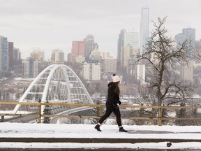 A walker inspects the downtown skyline that is slightly obscured by a light snowfall on Monday, March 8, 2021 in Edmonton.   Greg Southam-Postmedia