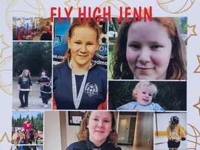 A collage of photos of Jennifer Winkler, who was fatally stabbed Monday at Christ the King High School in Leduc, is part of a memorial in the town of Millet.