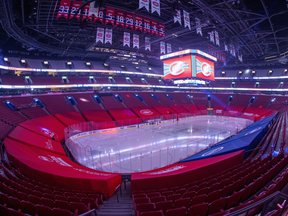 The view inside Montreal’s Bell Centre as the host Canadiens announced their game against the Edmonton Oilers was postponed on March 22, 2021.