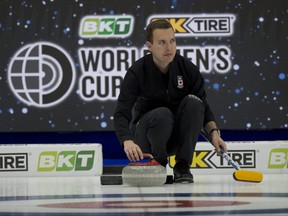 Canadian skip Brendan Bottcher practises on March 30, 2021, in preparation for the start of the world men's curling championship in Calgary.