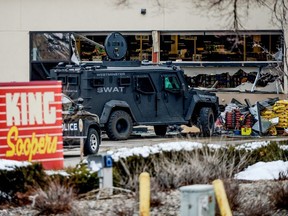 Emergency crews respond to a call of an active shooter at the King Soopers grocery store in Boulder,, Colorado, U.S. March 22. 2021. Picture taken March 22, 2021. Michael Ciaglo/USA TODAY NETWORK via REUTERS.     NO RESALES. NO ARCHIVES. MANDATORY CREDIT ORG XMIT: TOR501