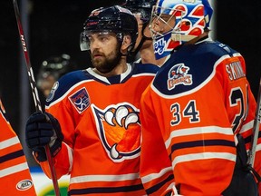 Edmonton Oilers prospects Cooper Marody and Stuart Skinner celebrate another win by the Bakersfield Condors.