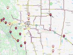 Screen shot of Alberta 511 web site at 9 a.m., showing deteriorating road conditions and highway incidents.