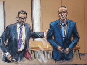 Defense attorney Eric Nelson introduces Derek Chauvin, the former Minneapolis police officer facing murder charges in the death of George Floyd, to potential jurors during jury selection in his trial in Minneapolis, Minnesota, U.S., March 15, 2021 in this courtroom sketch from a video feed of the proceedings. REUTERS/Jane Rosenberg ORG XMIT: NYK999