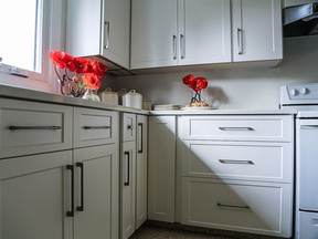 Refacing, which includes reskinning the cabinet’s exteriors to match the new fronts, can be done in about three days and cost 40 per cent less than purchasing new cabinets of equal quality.