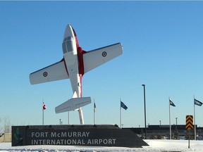 A mounted Canadair CT-114 Tutor outside the Fort McMurray International Airport on Sunday, January 26, 2020. Vincent McDermott/Fort McMurray Today/Postmedia Network ORG XMIT: POS2001261822521515 ORG XMIT: POS2001281716406632 ORG XMIT: POS2008281515397871 ORG XMIT: POS2009291837120320