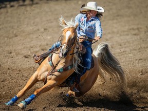 Hailey Kinsel of Cotulla, Texas sailed around the barrels in a time of 17.07 seconds to win the barrel racing event on Championship Sunday during the 2018 Calgary Stampede on Sunday, July 15, 2018.