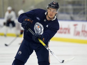 Ryan McLeod warms up prior to an Edmonton Oilers' training camp scrimmage, in Edmonton Wednesday July 22, 2020.