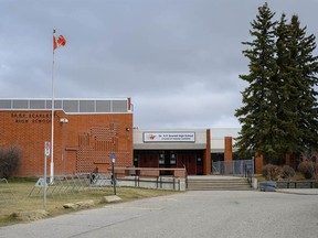 The exterior of Dr. E.P. Scarlett High School in Calgary on Thursday, April 8, 2021.