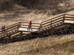 People walk up stairs in the river valley in east Edmonton on Thursday, April 8, 2021 . Greg Southam-Postmedia