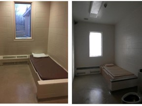 Cells in secure units at the Calgary Young Offender Centre, left, and Edmonton Young Offender Centre. A recent report from the Alberta ombudsman found the province has no legislative framework governing the use of segregation in youth jails.