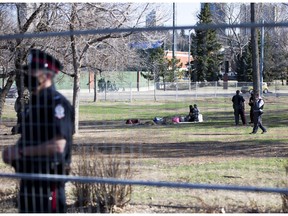 A former Camp Pekiwewin resident passed away recently and two community members wanted to  light a commemorative fire at the sight. Edmonton Police would not allow the former residents to light the fire and eventually got them to leave the camp. Taken on Tuesday, April 20, 2021 in Edmonton.  Greg Southam-Postmedia