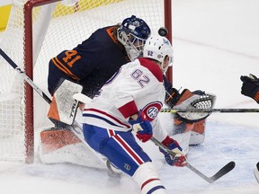 Edmonton Oilers goalie Mike Smith (41) is scored on by Montreal Canadiens Artturi Lehkonen (62) during first period NHL action on Wednesday,April 21, 2021 in Edmonton.  Greg Southam/Postmedia