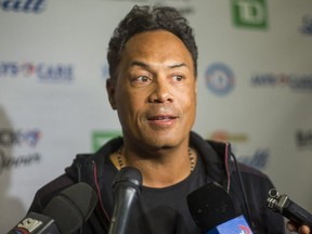 Former Toronto Blue Jays Roberto Alomar during a media availability before the Back2Back 25th Anniversary Reunion Dinner held at the Westin Harbour Castle in Toronto, Ont. on Tuesday October 23, 2018.