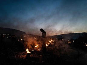 TOPSHOT - A winegrowers from the Daniel-Etienne Defaix wine estate lights anti-frost candles in their vineyard near Chablis, Burgundy, on April 7, 2021 as temperatures fall below zero degrees celsius during the night. (Photo by JEFF PACHOUD / AFP)