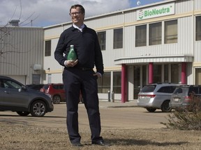 BioNeutra chief operating officer Steve Jakeway stands in front of the company’s Edmonton headquarters on Thursday, April 8, 2021. BioNeutra is getting nearly $3M from the federal government to grow its product of organic plant-based food ingredients for the global market.