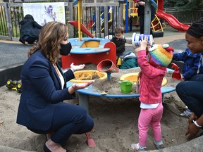 Minister of Children's Services Rebecca Schulz visits a daycare at Canada Place after annoucing with federal Minister of Families, Children and Social Development Ahmed Hussen who was online, new funding for the child care sector in Edmonton, September 22, 2020. File photo.