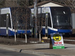 LRT trains sit parked on the under construction Valley Line LRT near 66 Street and 36A Avenue, in Edmonton Monday March 15, 2021.