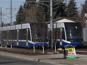 LRT trains sit parked on the under construction Valley Line LRT near 66 Street and 36A Avenue, in Edmonton. The city says it requires an additional $7.2 million over the next three years to operate the line to meet projected ridership levels.