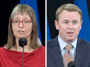 Alberta chief medical officer of health Dr. Deena Hinshaw, left, and Alberta Health Minister Tyler Shandro.