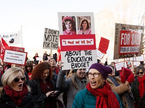 Teachers, union members and supporters rally at the Alberta Legislature against the 2020 Alberta Budget in Edmonton on Feb. 27, 2020.