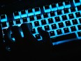 A close-up view of a customized illuminated keyboard used at an esport tournament on Oct. 12, 2019, in Kettering, England.