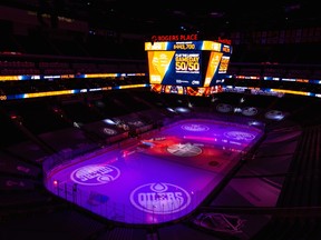 The 50/50 draw for Walter Gretzky is seen on the big screen at Rogers Place before a NHL game between the Edmonton Oilers and Ottawa Senators in Edmonton on March 10, 2021.