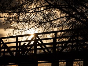 A cyclist crosses the bridge over Rowland Road near sunset in Edmonton, on Tuesday, May 11, 2021. Photo by Ian Kucerak