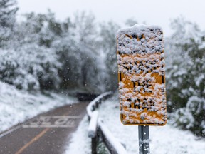 A “Share The Trail” sign is seen covered in fresh spring snow in Kinnaird Park in Edmonton, on Tuesday, May 18, 2021. Photo by Ian Kucerak