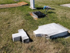 Vermillion RCMP are investigating vandalism at  Clandonald Catholic Cemetery sometime between May 21-25, 2021.

 39 headstones were pushed over, and many other headstones were damaged. Supplied image RCMP May 2021