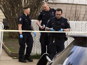 Police investigate the scene of a weapons complaint at a residence in the area of 90 Street and 134 Avenue, Saturday, May 1, 2021. Upon arrival, officers located a male with life-threatening injuries. He was treated and transported to hospital by paramedics where he later died.