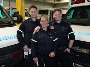 Angela Szeponski with her sons Dawson Szeponski, left, and Zane Szeponski at Alberta Health Services EMS Northwest Station in Edmonton. All three are paramedics and will be spending Mother's Day together along with Angela's other son Cale Szeponski on Sunday, May 9, 2021.