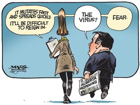 Dr. Deena Hinshaw and Jason Kenney discuss fear of reopening. (Cartoon by Malcolm Mayes)